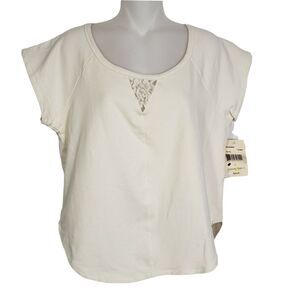 Eyeshadow Womens Top Large Ivory Lace Keyhole Stretch Short Sleeves Scoop Neck